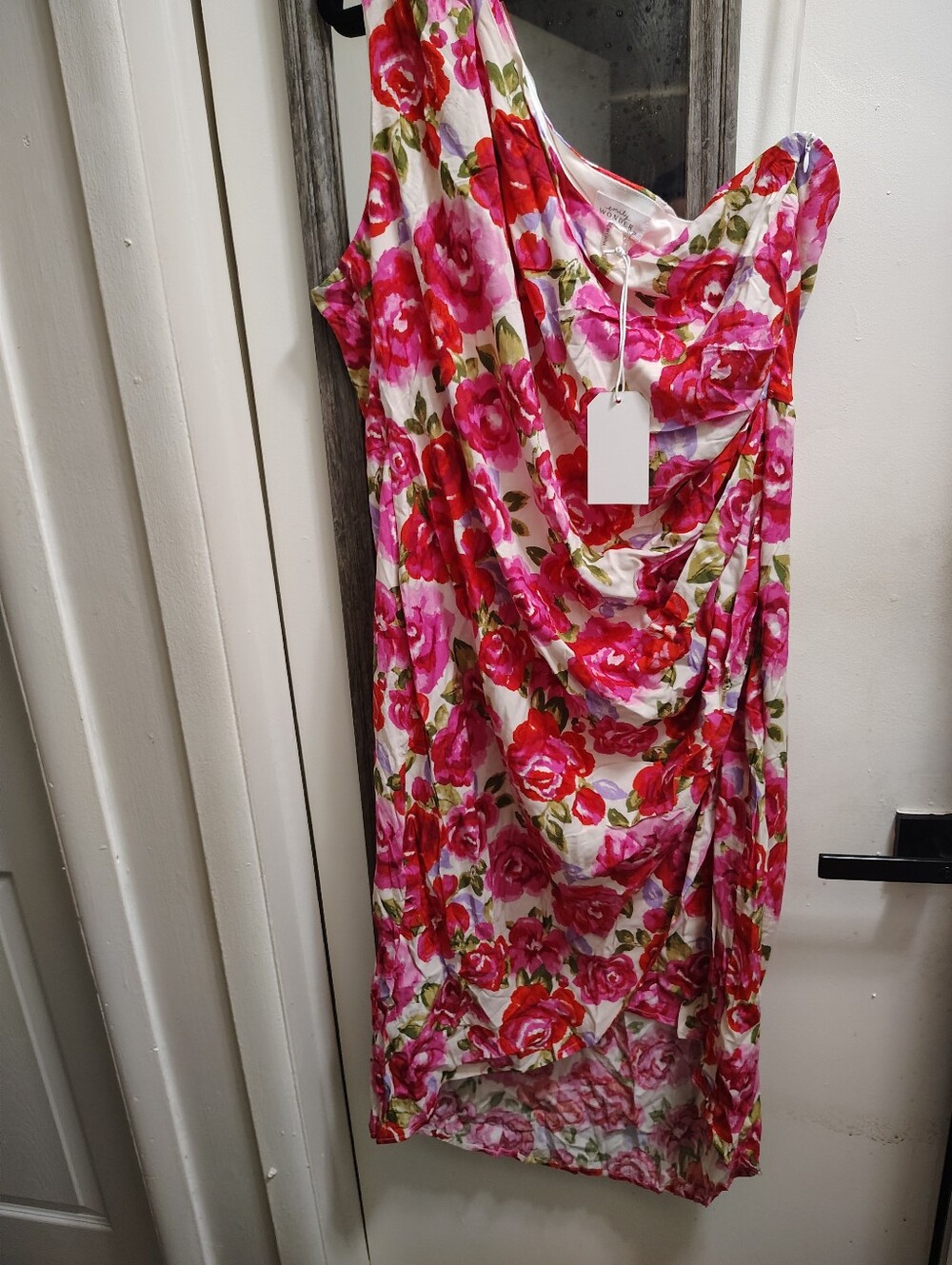 Wonder Floral One-Shoulder Pink & Red Sheath Dress - Picture 2 of 5